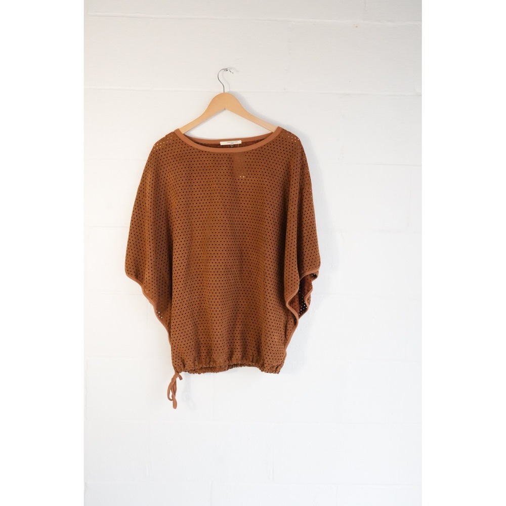 Understar Laser Cut Poncho Top Women Medium Brown Dolman Sleeve Tie Hem